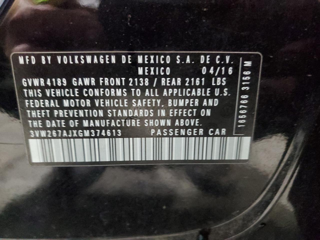 2016 Volkswagen Jetta S VIN: 3VW267AJXGM374613 Lot: 70634325