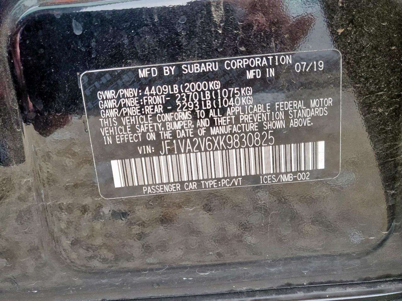 2019 Subaru Wrx Sti Limited VIN: JF1VA2V6XK9830825 Lot: 69884295