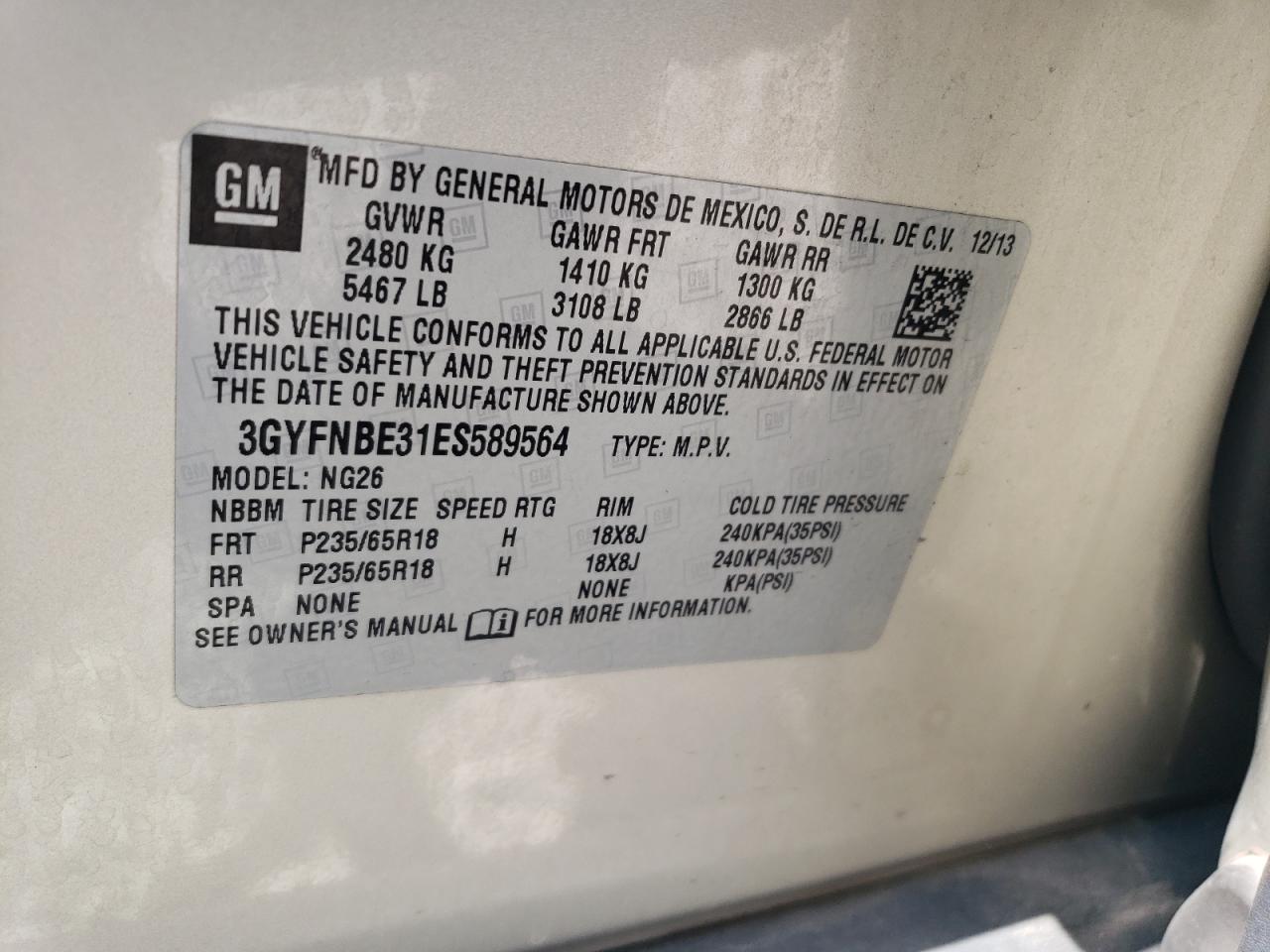 2014 Cadillac Srx Luxury Collection VIN: 3GYFNBE31ES589564 Lot: 67582735