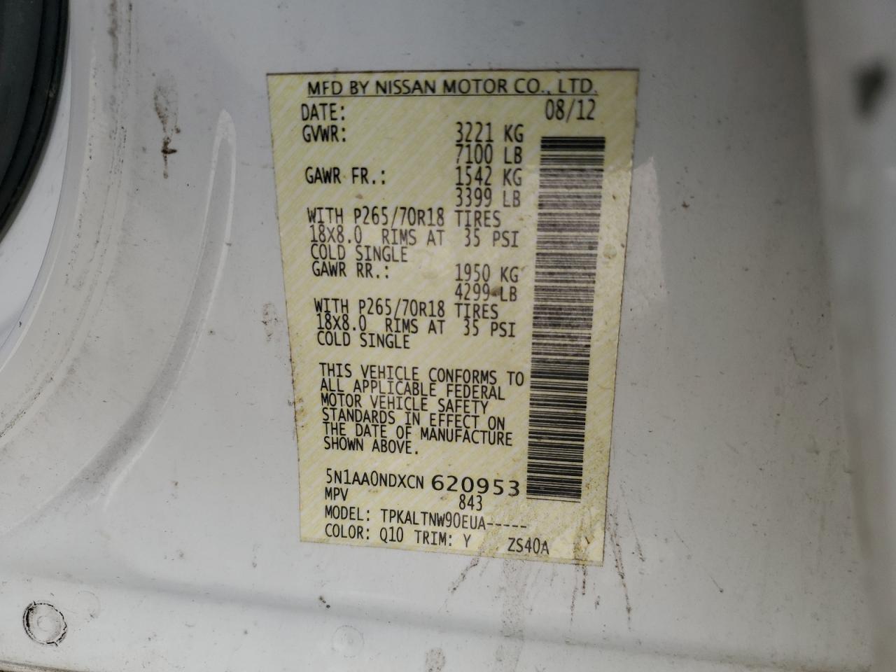 2012 Nissan Armada Sv VIN: 5N1AA0NDXCN620953 Lot: 68933865