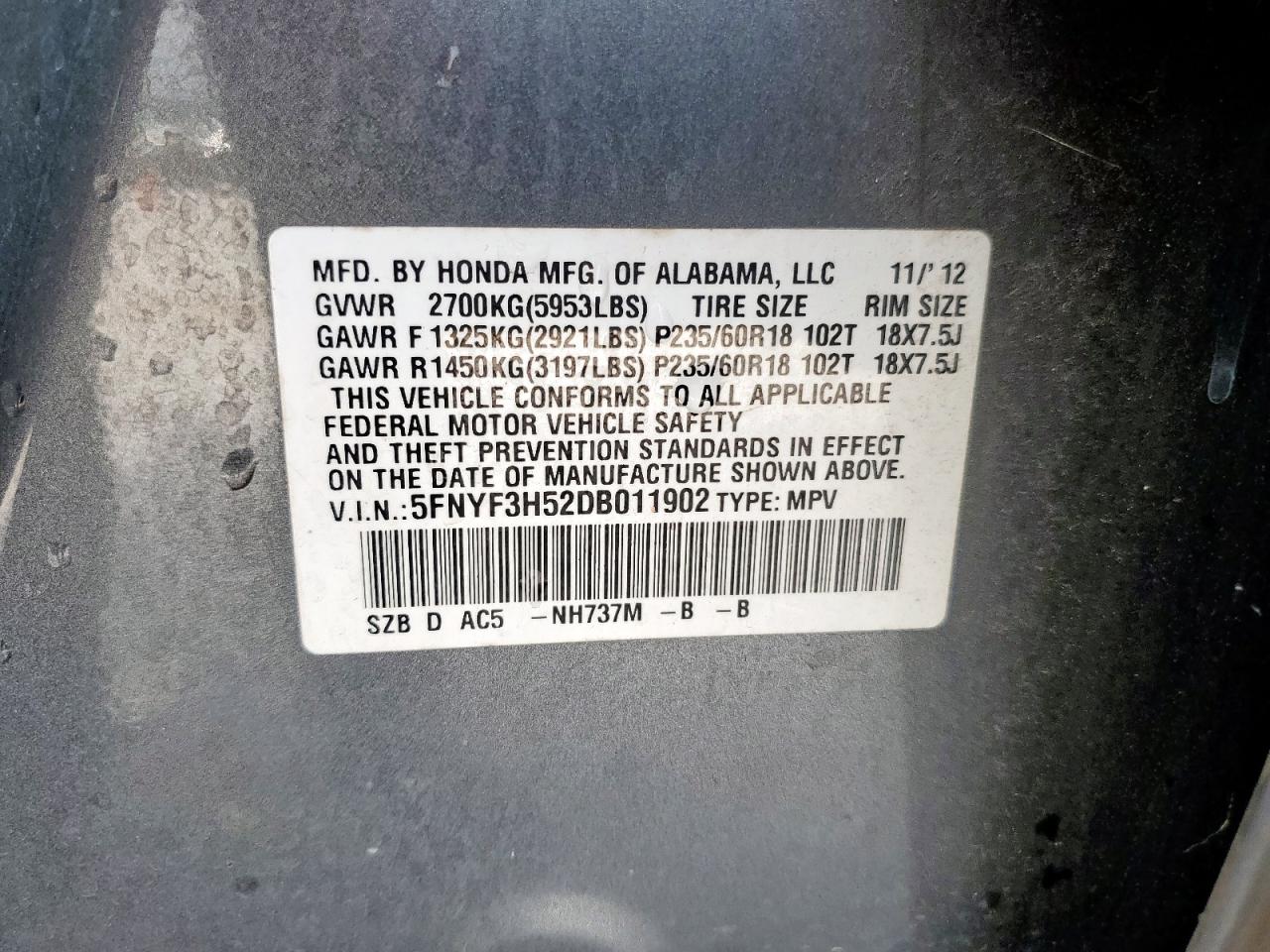2013 Honda Pilot Exl VIN: 5FNYF3H52DB011902 Lot: 70748585