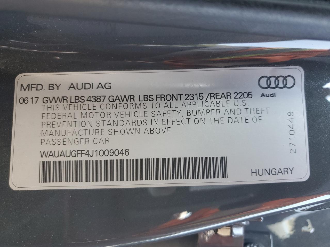 2018 Audi A3 Premium VIN: WAUAUGFF4J1009046 Lot: 67824605