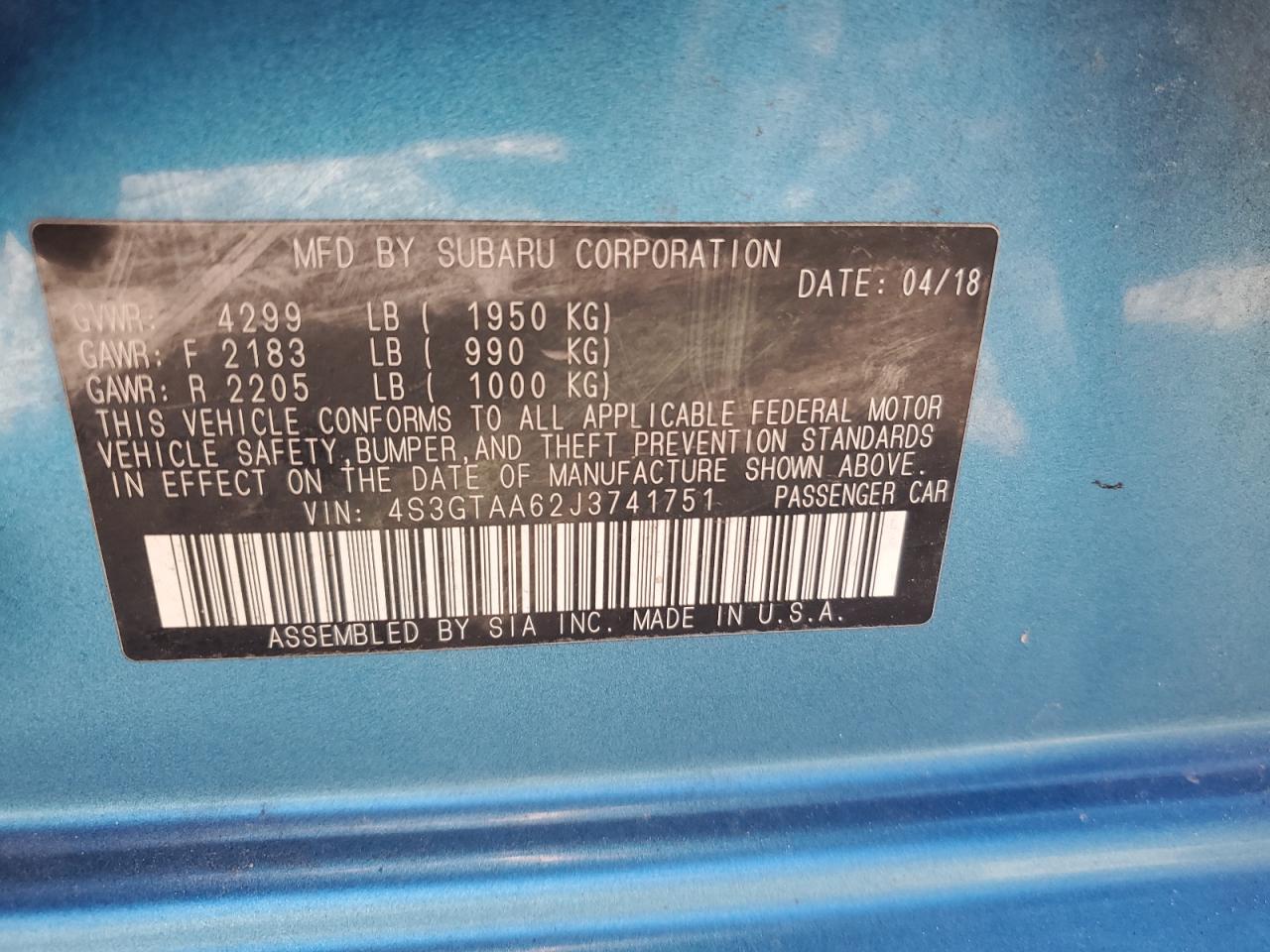 2018 Subaru Impreza VIN: 4S3GTAA62J3741751 Lot: 65450075