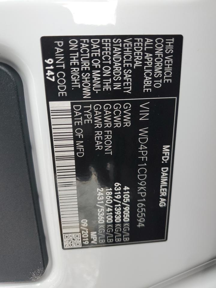 2019 Mercedes-Benz Sprinter 2500/3500 VIN: WD4PF1CD9KP165594 Lot: 69541845