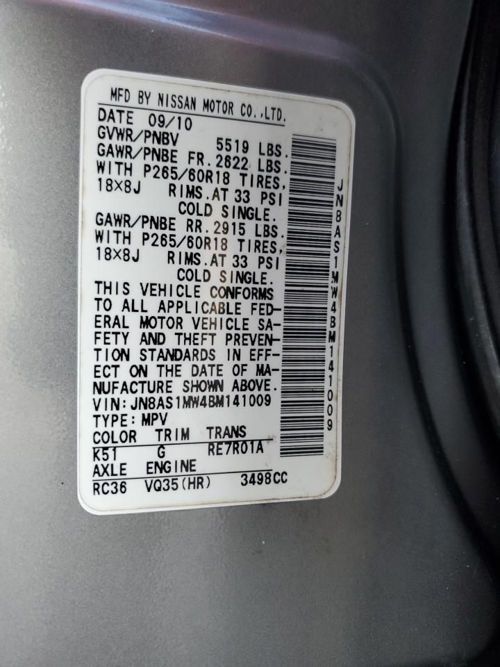 2011 Infiniti Fx35 VIN: JN8AS1MW4BM141009 Lot: 70163325