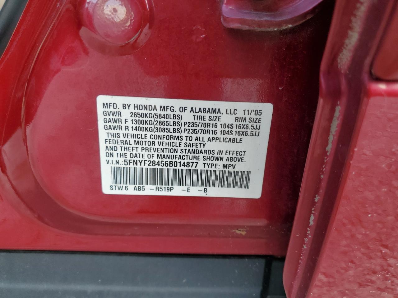 2006 Honda Pilot Ex VIN: 5FNYF28456B014877 Lot: 70122615