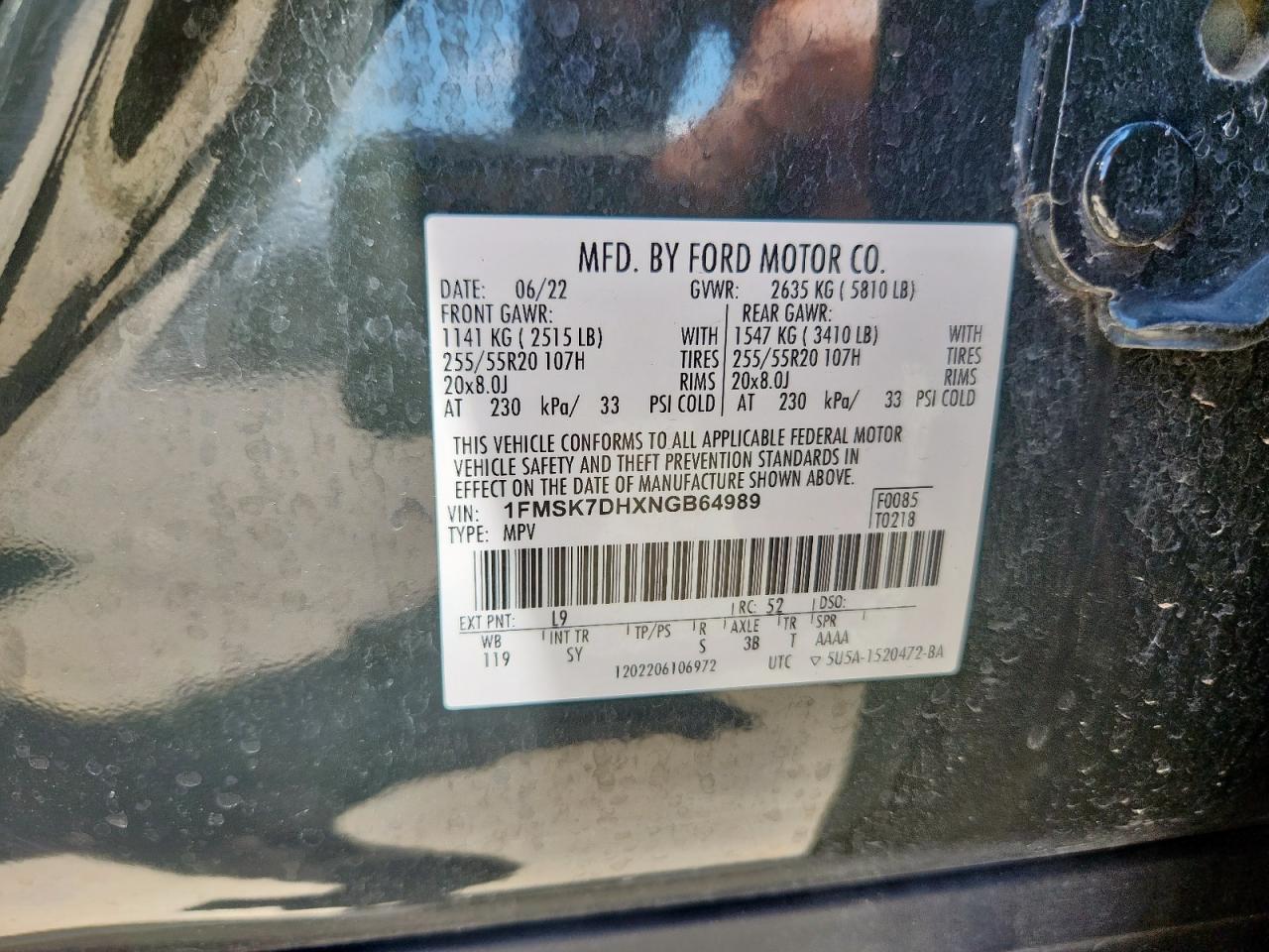 2022 Ford Explorer Xlt VIN: 1FMSK7DHXNGB64989 Lot: 68755545