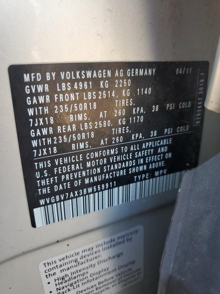 2011 Volkswagen Tiguan S VIN: WVGBV7AX3BW559911 Lot: 68464245