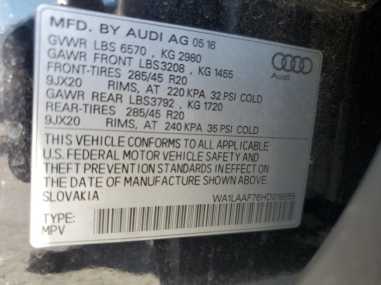 2017 Audi Q7 Premium Plus VIN: WA1LAAF76HD018859 Lot: 70839105