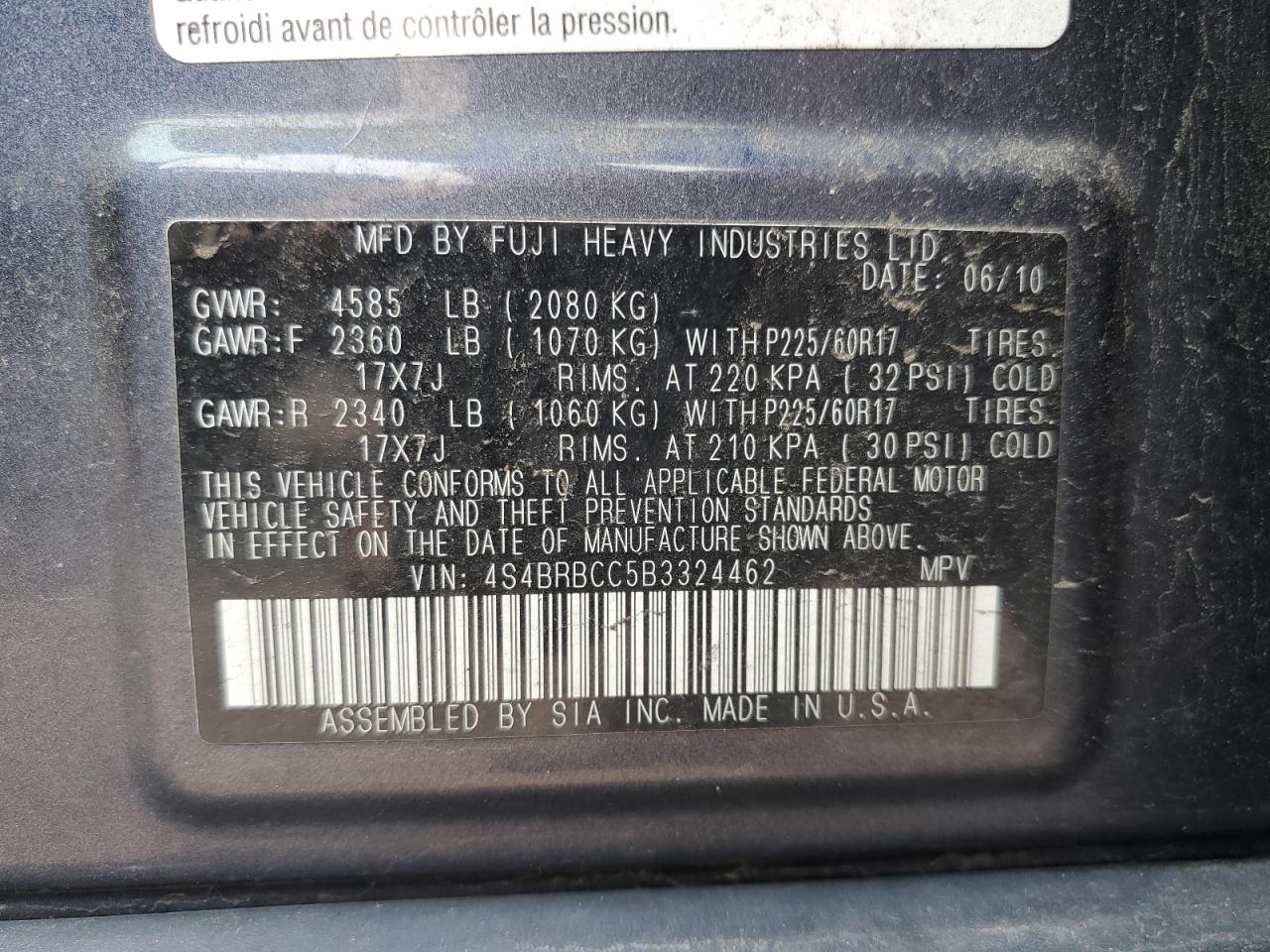 2011 Subaru Outback 2.5I Premium VIN: 4S4BRBCC5B3324462 Lot: 67336055