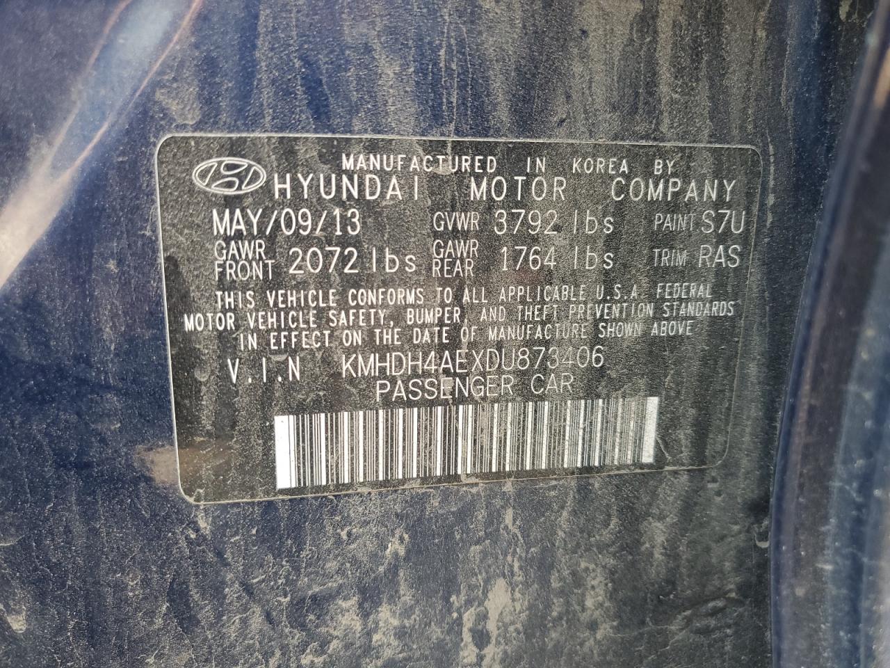 2013 Hyundai Elantra Gls VIN: KMHDH4AEXDU873406 Lot: 68849825