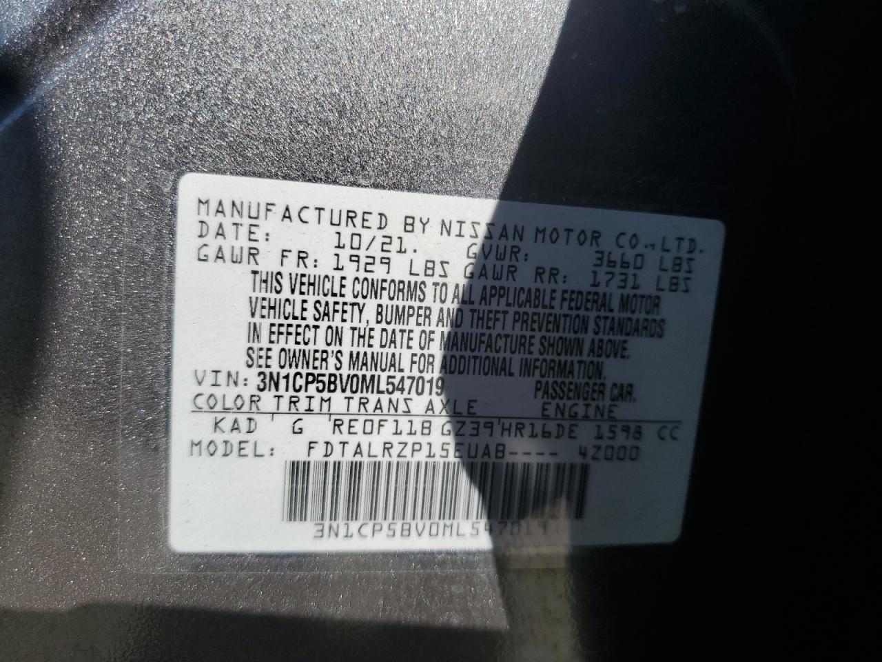 2021 Nissan Kicks S VIN: 3N1CP5BV0ML547019 Lot: 70774045