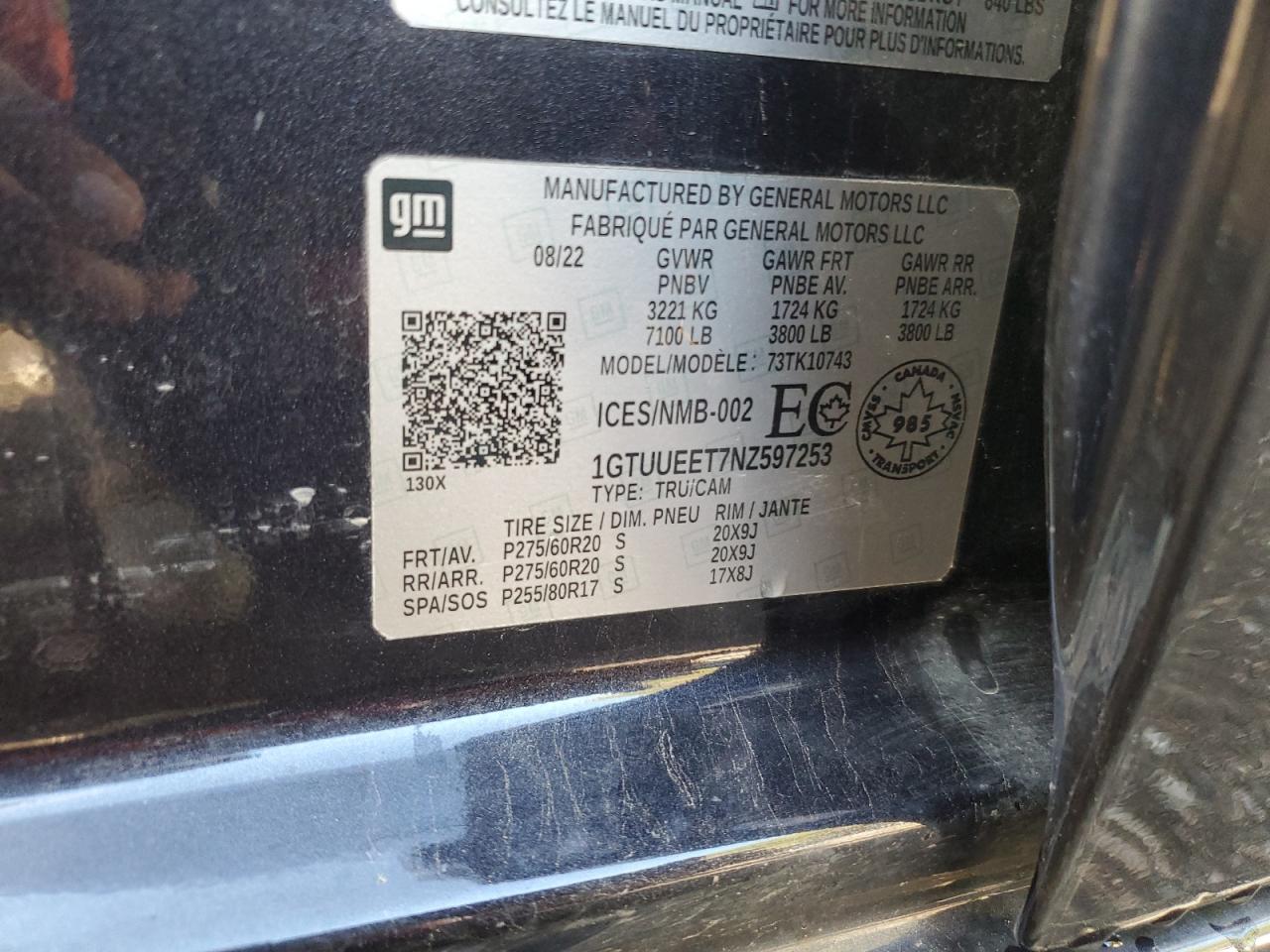 2022 GMC Sierra K1500 At4 VIN: 1GTUUEET6NZ595753 Lot: 69846365