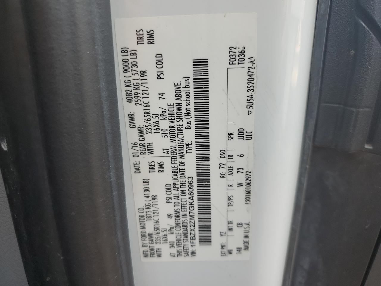 2016 Ford Transit T-350 VIN: 1FBZX2ZM7GKA60963 Lot: 68721275