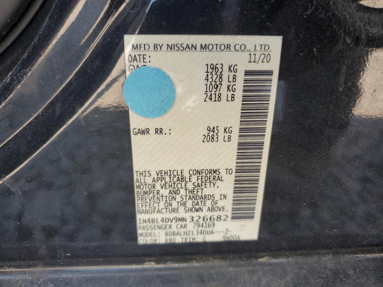 2021 Nissan Altima Sv VIN: 1N4BL4DV9MN326682 Lot: 69406315