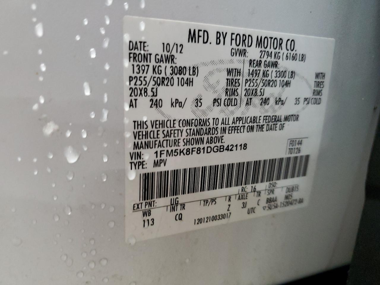 2013 Ford Explorer Limited VIN: 1FM5K8F81DGB42118 Lot: 69983155