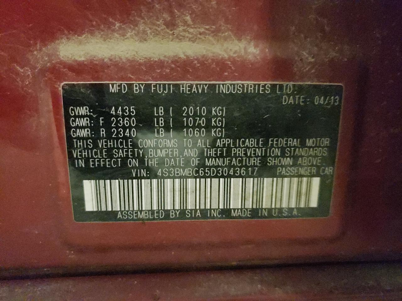 2013 Subaru Legacy 2.5I Premium VIN: 4S3BMBC65D3043617 Lot: 67235845