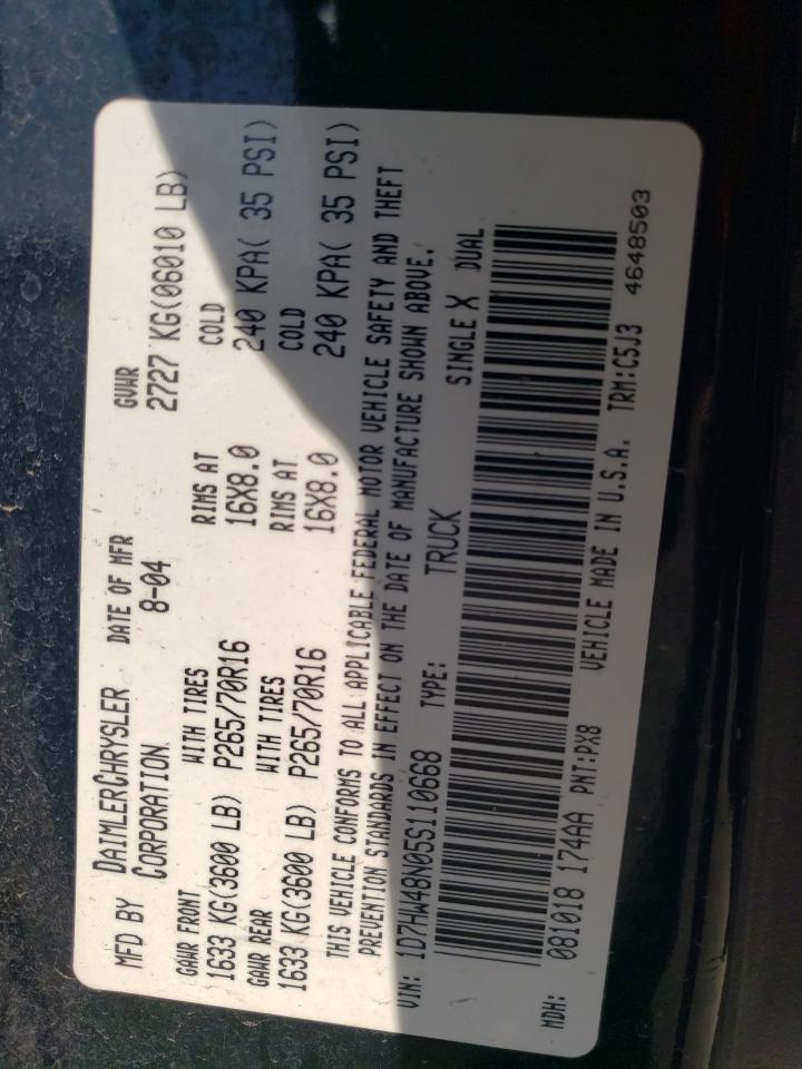 2005 Dodge Dakota Quad Slt VIN: 1D7HW48N05S110668 Lot: 69484635