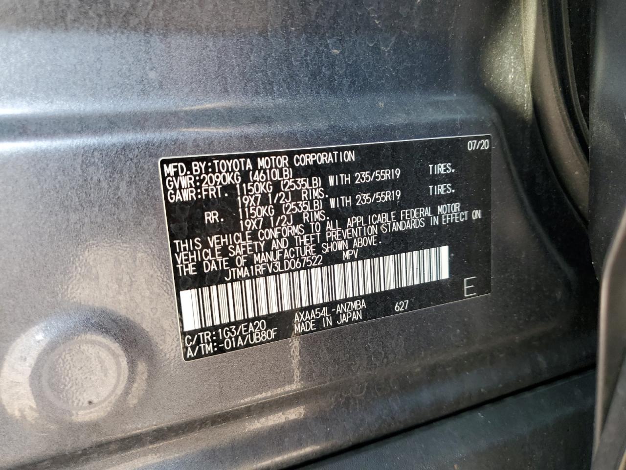 2020 Toyota Rav4 Xle Premium VIN: JTMA1RFV3LD067522 Lot: 66436665