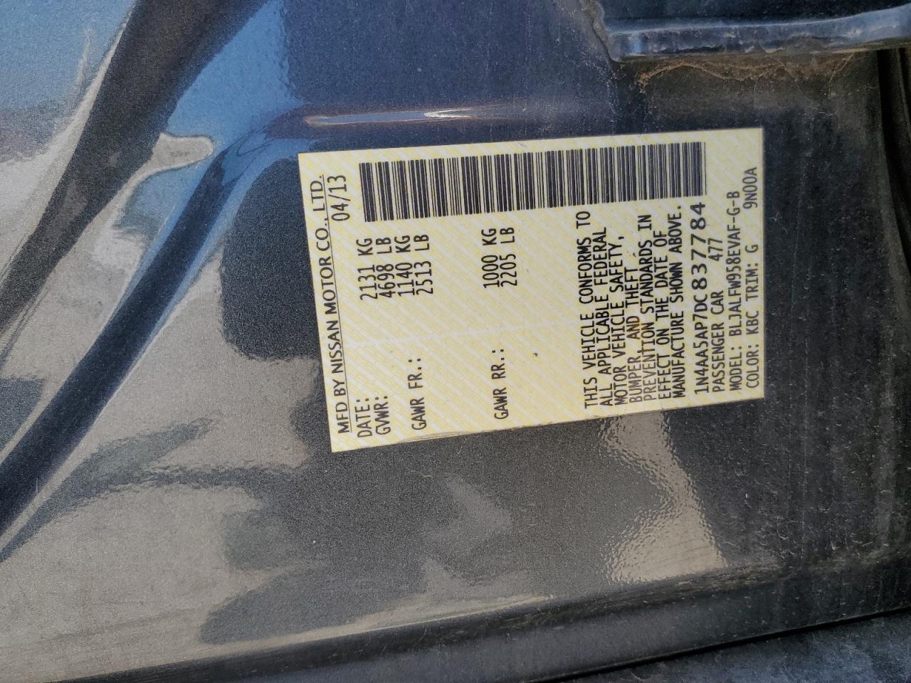 2013 Nissan Maxima S VIN: 1N4AA5AP7DC837784 Lot: 70246805