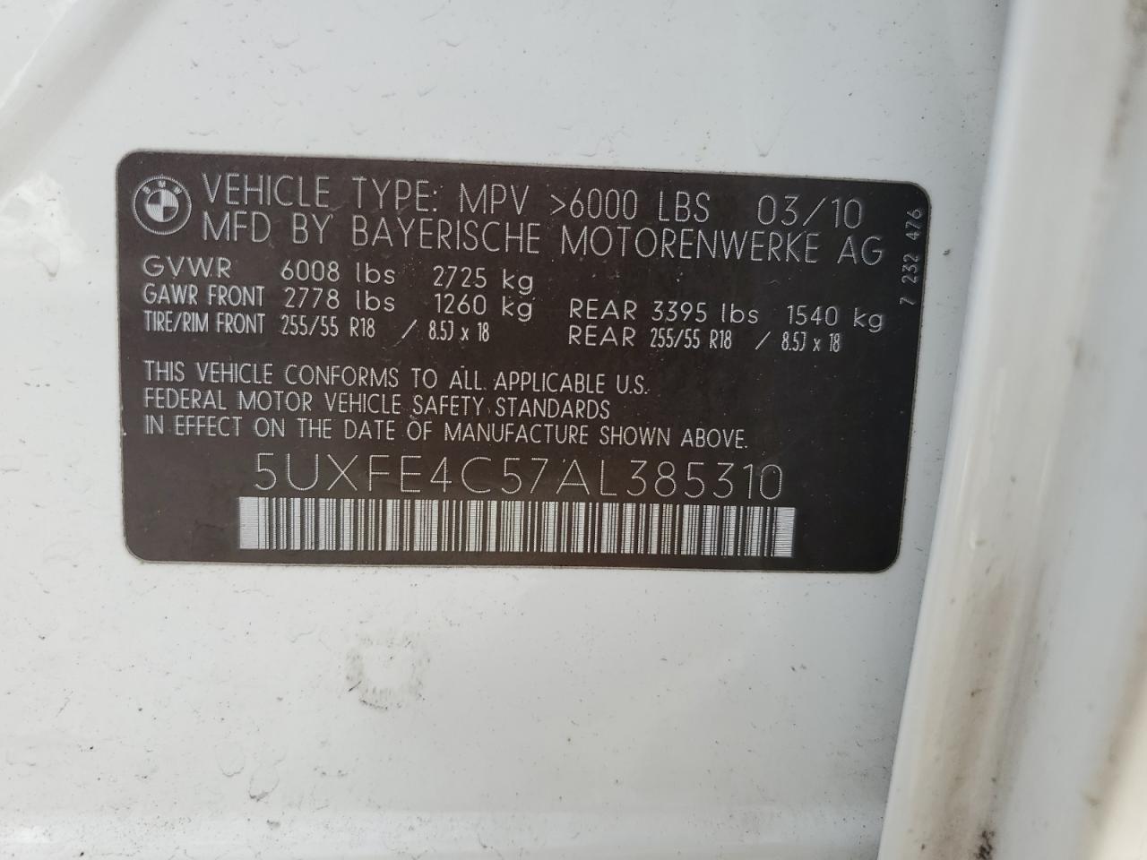 2010 BMW X5 xDrive30I VIN: 5UXFE4C57AL385310 Lot: 70806485