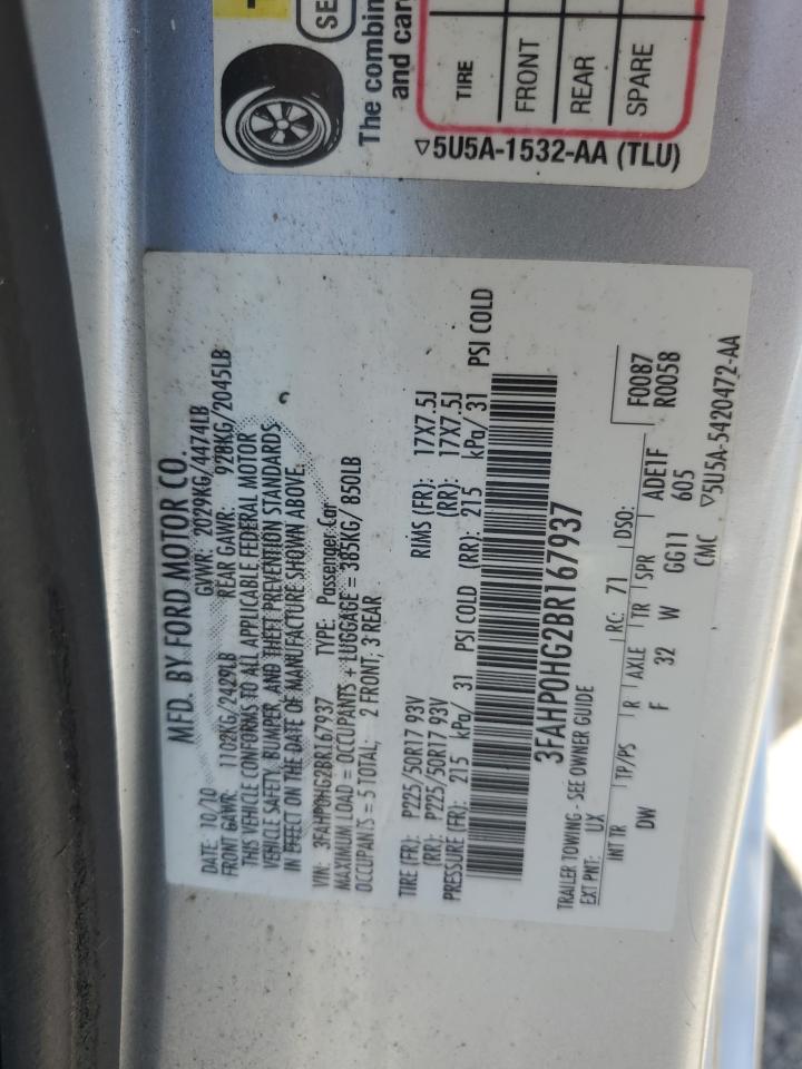 2011 Ford Fusion Se VIN: 3FAHP0HG2BR167937 Lot: 70374945