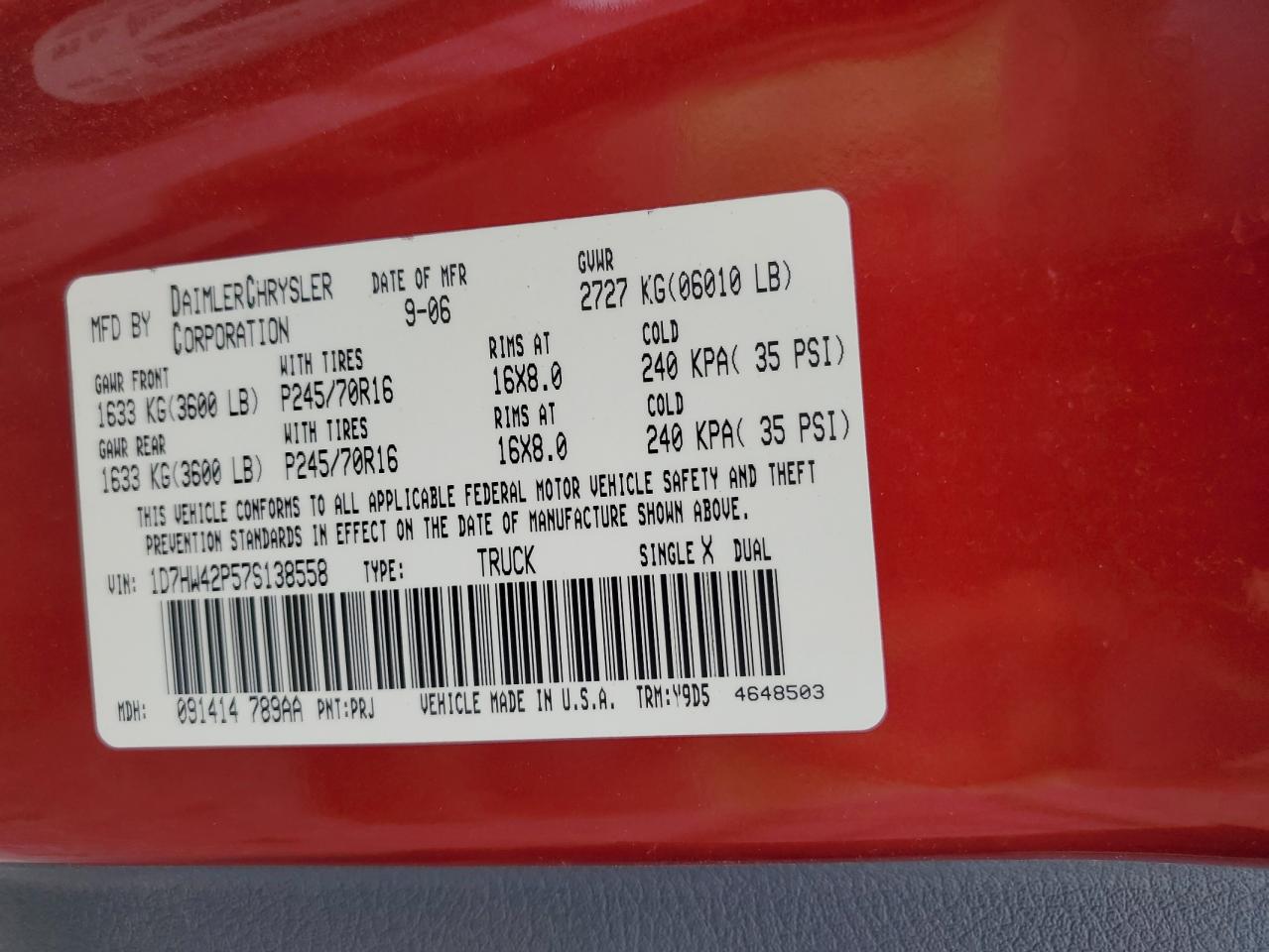 2007 Dodge Dakota Slt VIN: 1D7HW42P57S138558 Lot: 67308415