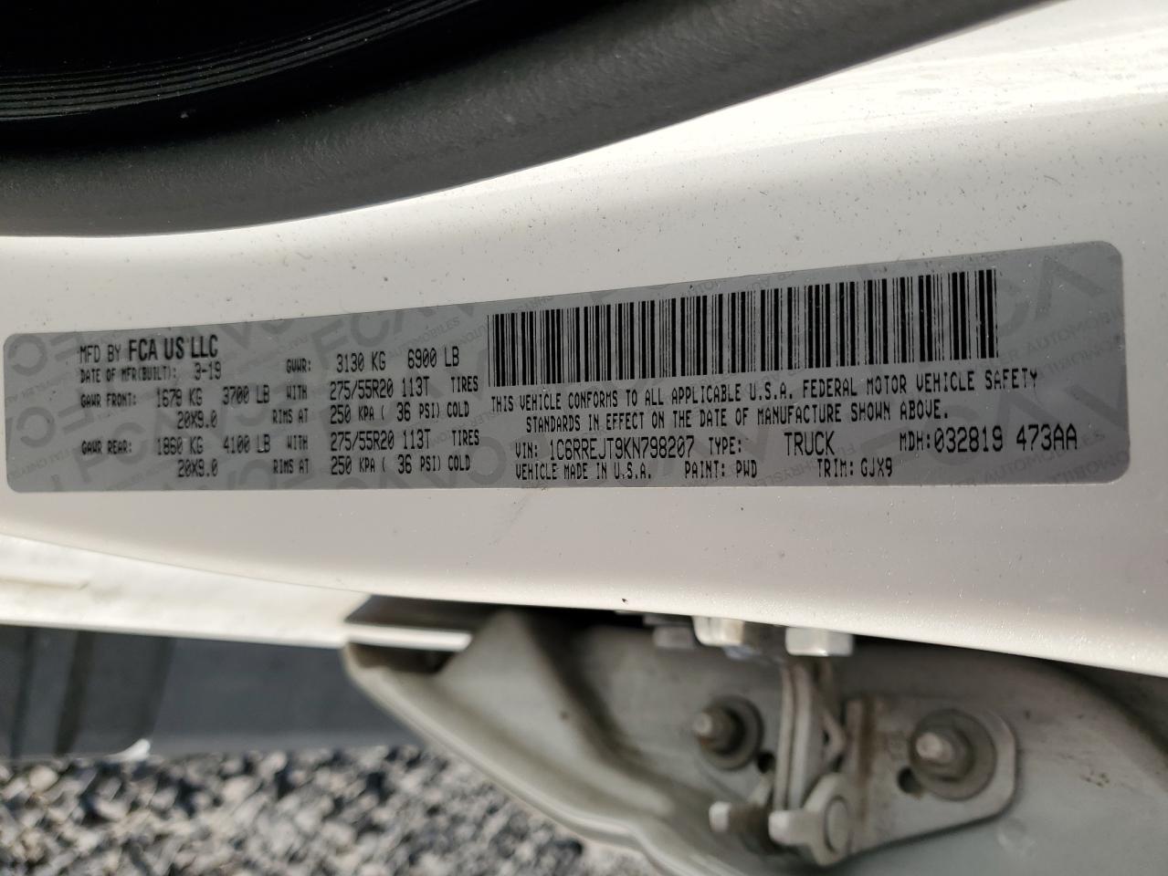 2019 Ram 1500 Laramie VIN: 1C6RREJT9KN798207 Lot: 69756815