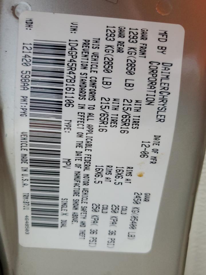 2007 Dodge Caravan Sxt VIN: 1D4GP45R47B161106 Lot: 69018935