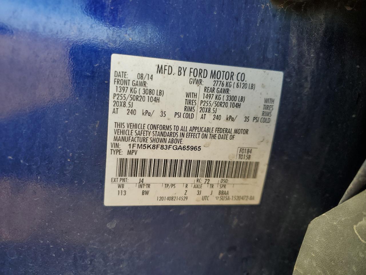 2015 Ford Explorer Limited VIN: 1FM5K8F83FGA65965 Lot: 69434565