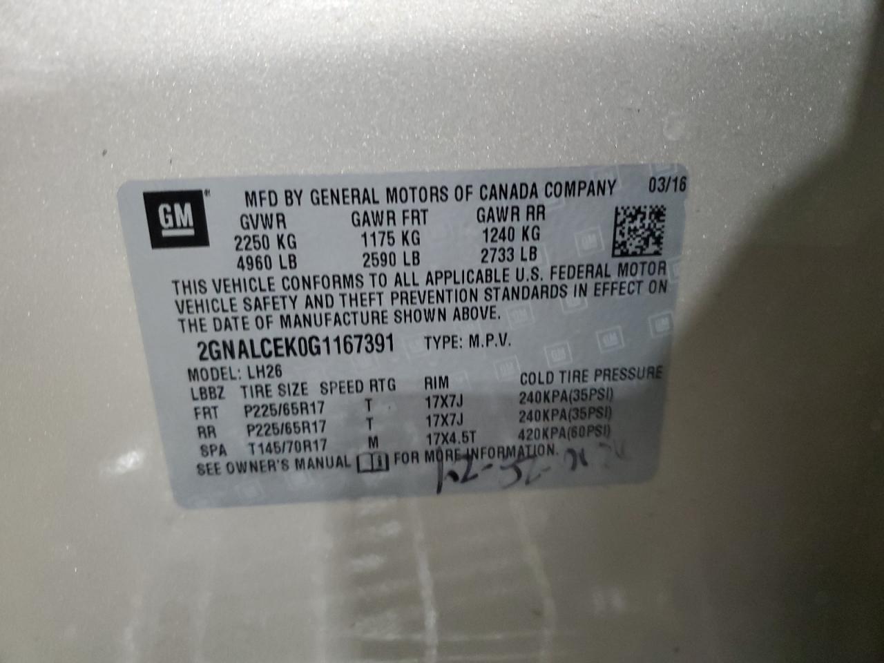 2016 Chevrolet Equinox Lt VIN: 2GNALCEK0G1167391 Lot: 68945355