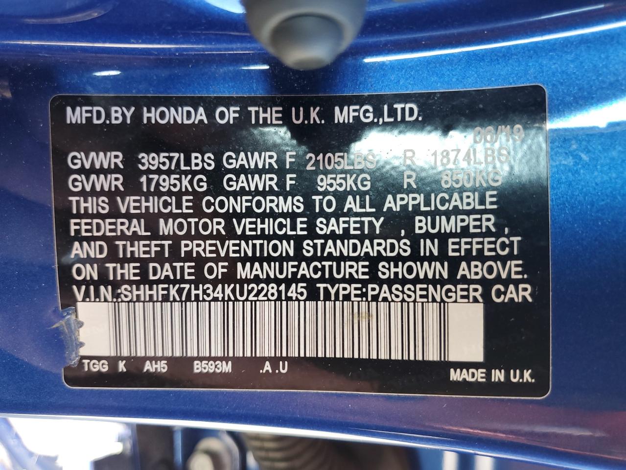 2019 Honda Civic Lx VIN: SHHFK7H34KU228145 Lot: 70489895