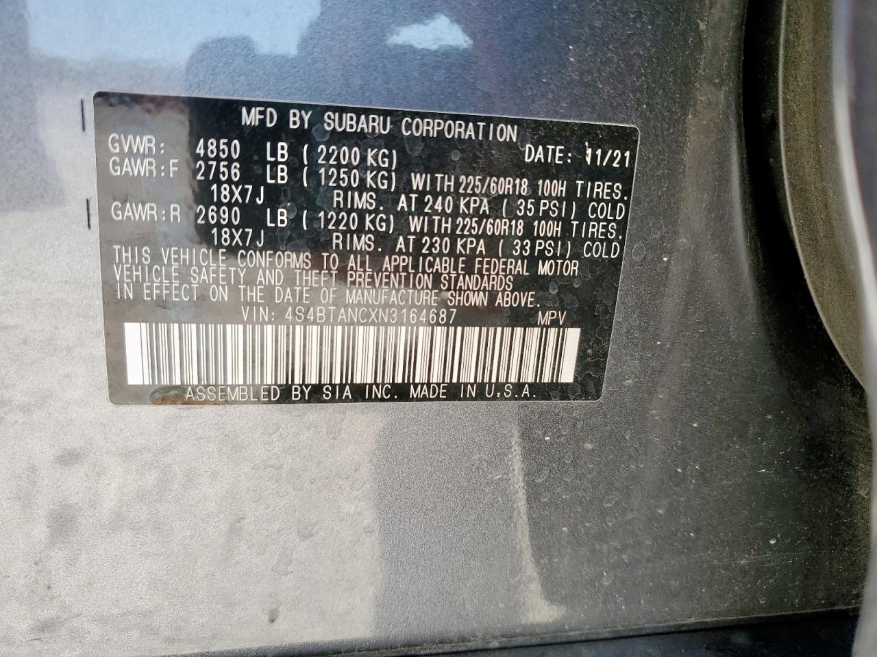 2022 Subaru Outback Limited VIN: 4S4BTANCXN3164687 Lot: 71102015