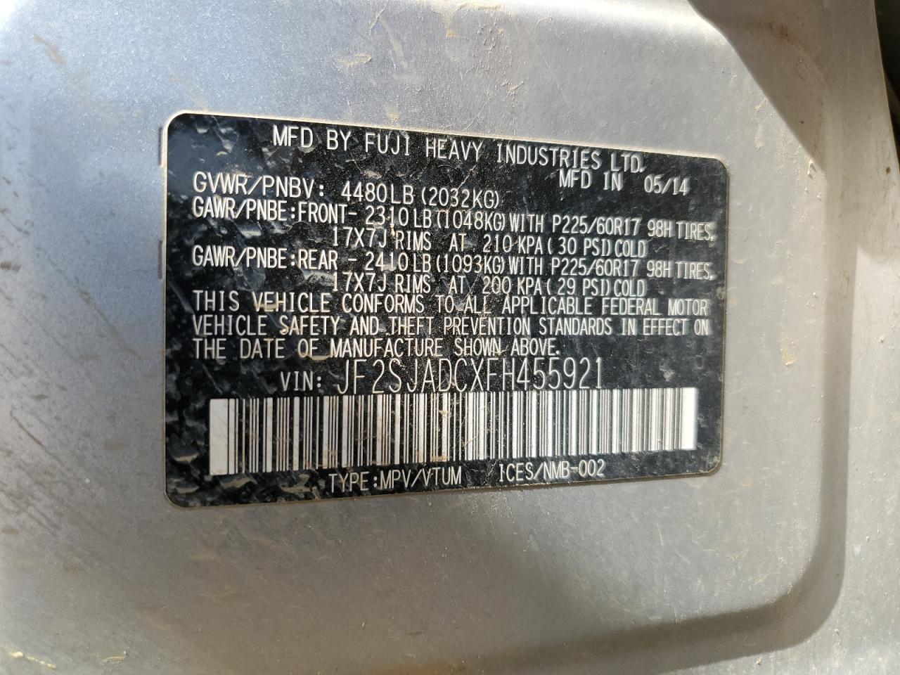 2015 Subaru Forester 2.5I Premium VIN: JF2SJADCXFH455921 Lot: 68784865