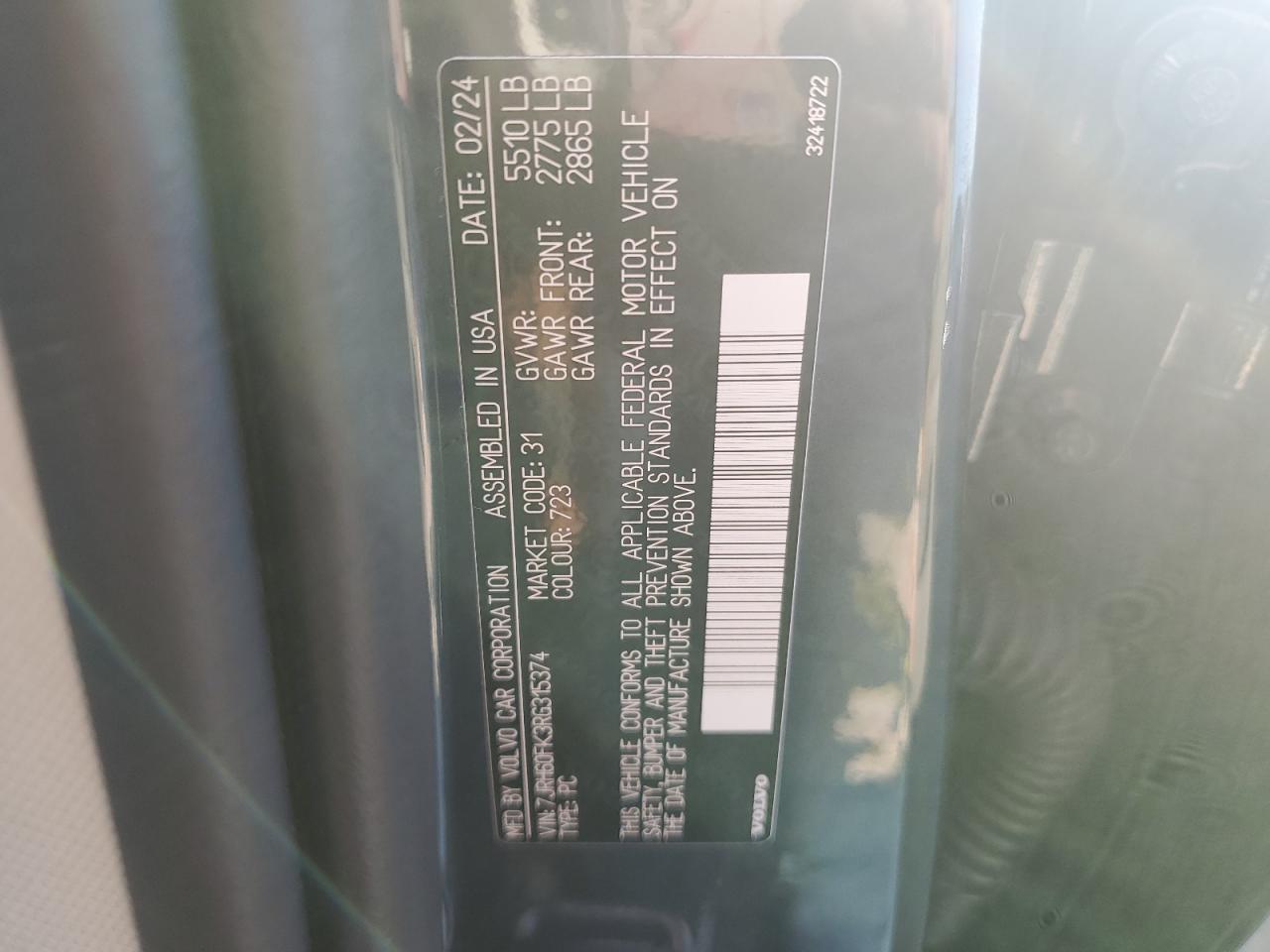 2024 Volvo S60 Core VIN: 7JRH60FK3RG315374 Lot: 70096625