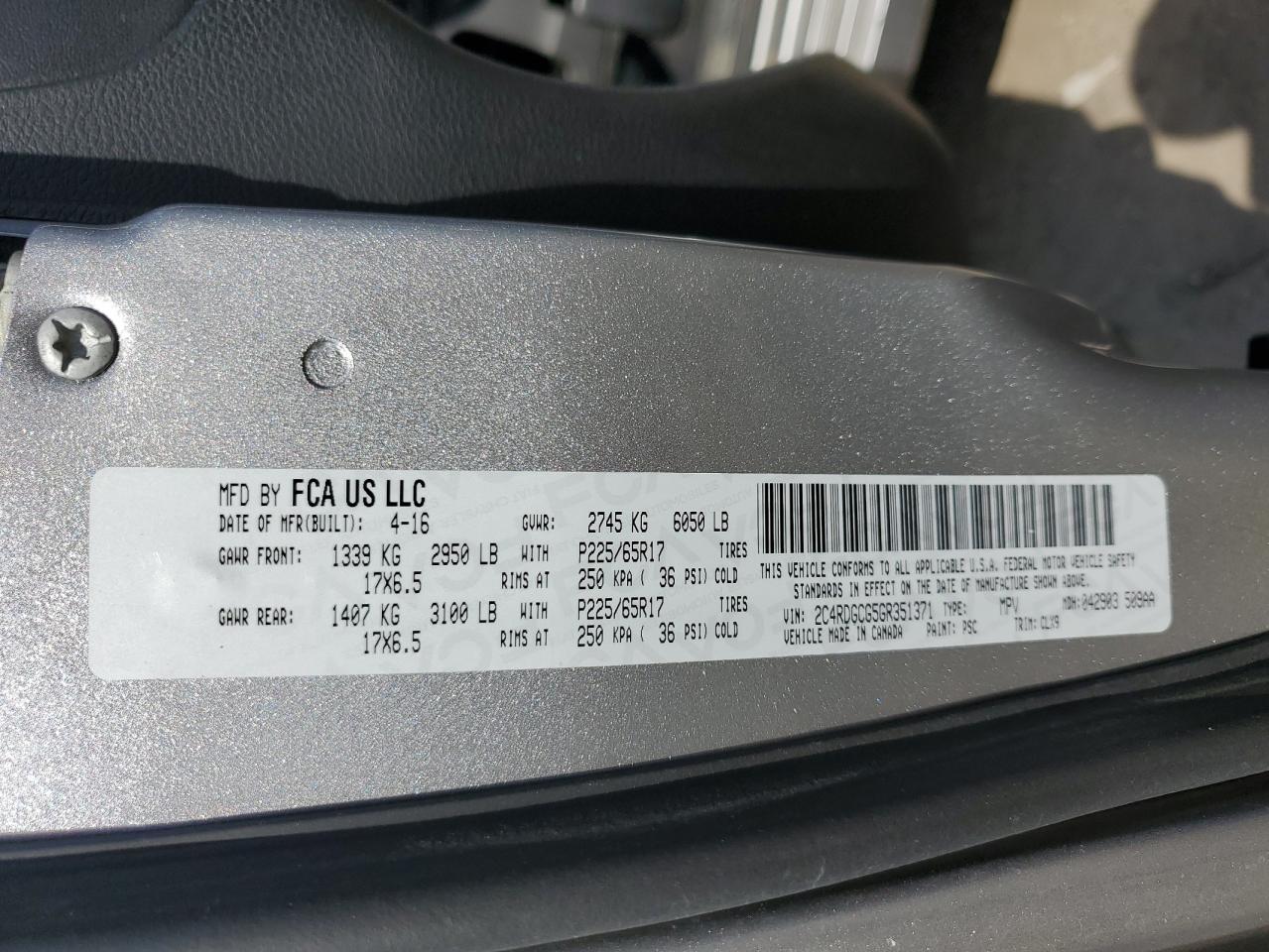 2016 Dodge Grand Caravan Sxt VIN: 2C4RDGCG5GR351371 Lot: 66906885