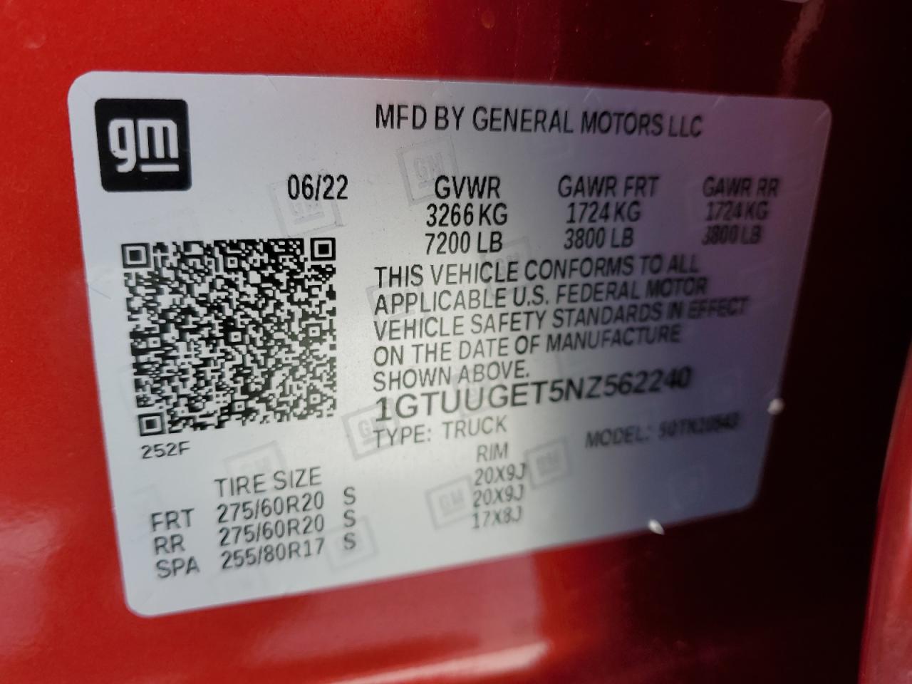 2022 GMC Sierra K1500 Denali VIN: 1GTUUGET5NZ562240 Lot: 69827465