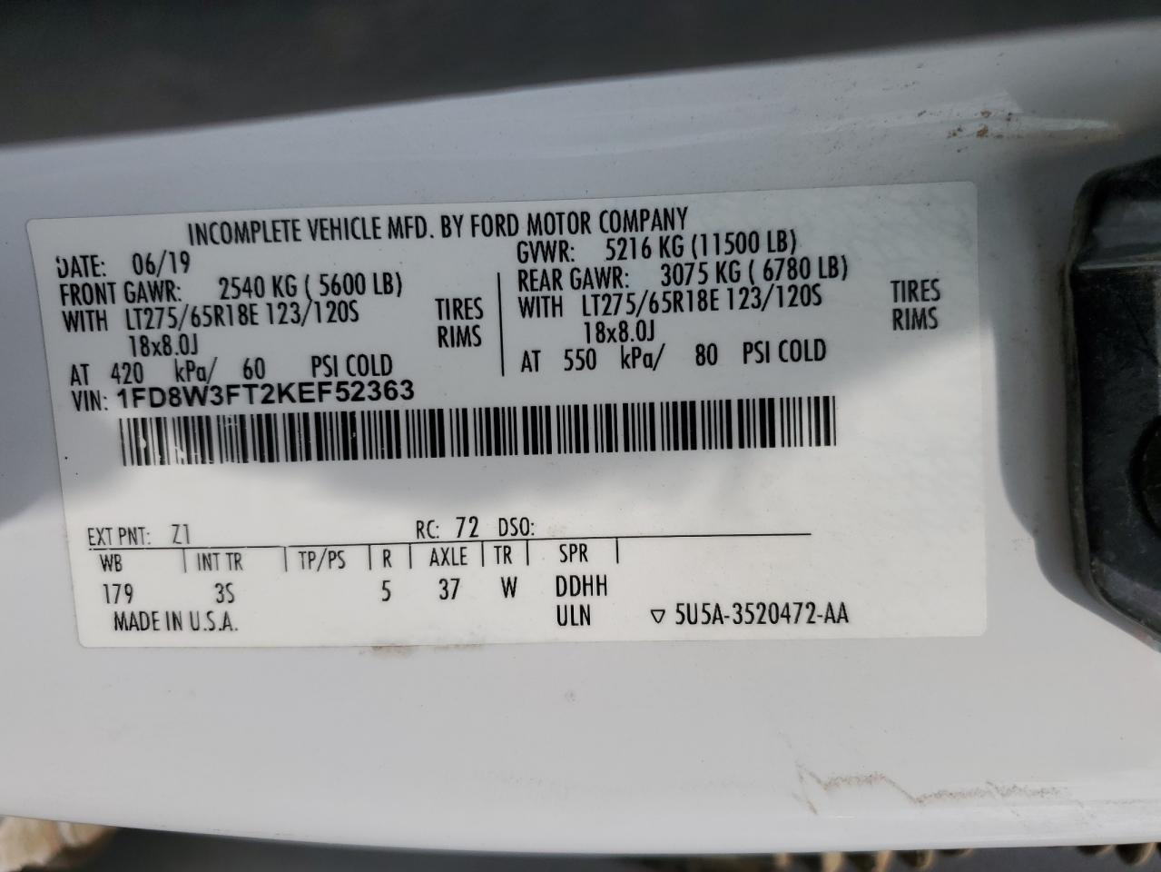 2019 Ford F350 Super Duty VIN: 1FD8W3FT2KEF52363 Lot: 66925415