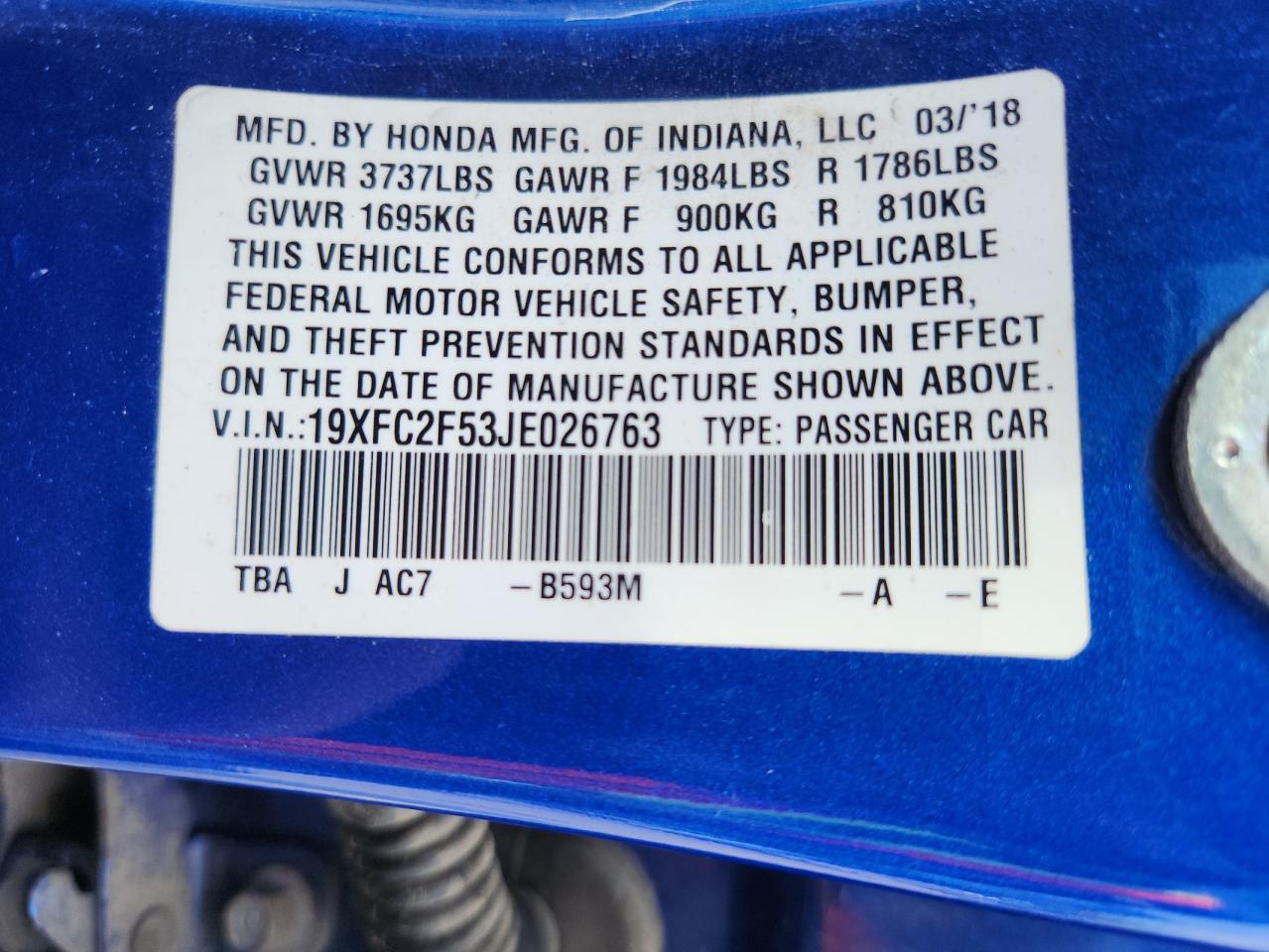 2018 Honda Civic Lx VIN: 19XFC2F53JE026763 Lot: 70774745