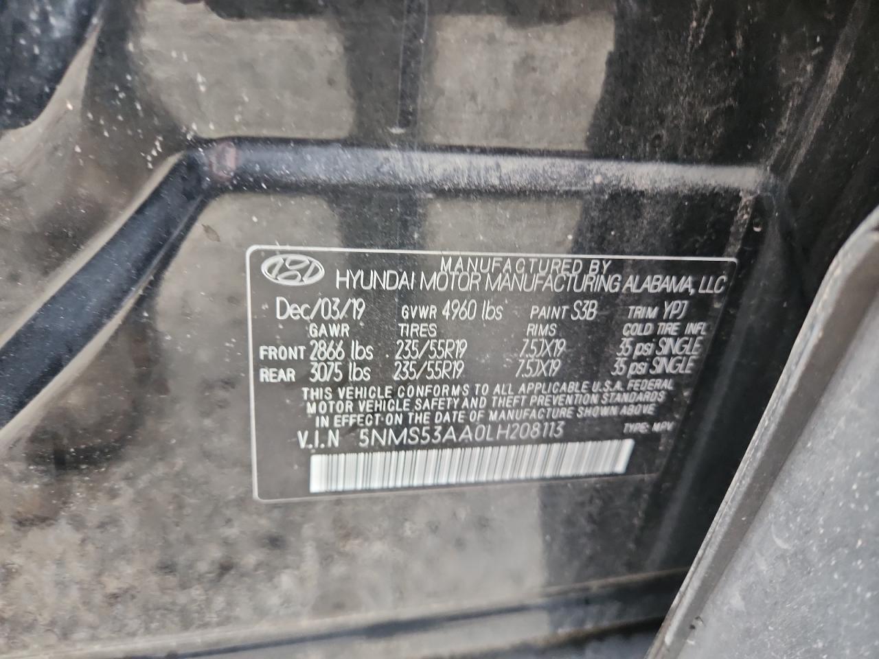 2020 Hyundai Santa Fe Limited VIN: 5NMS53AA0LH208113 Lot: 69074965