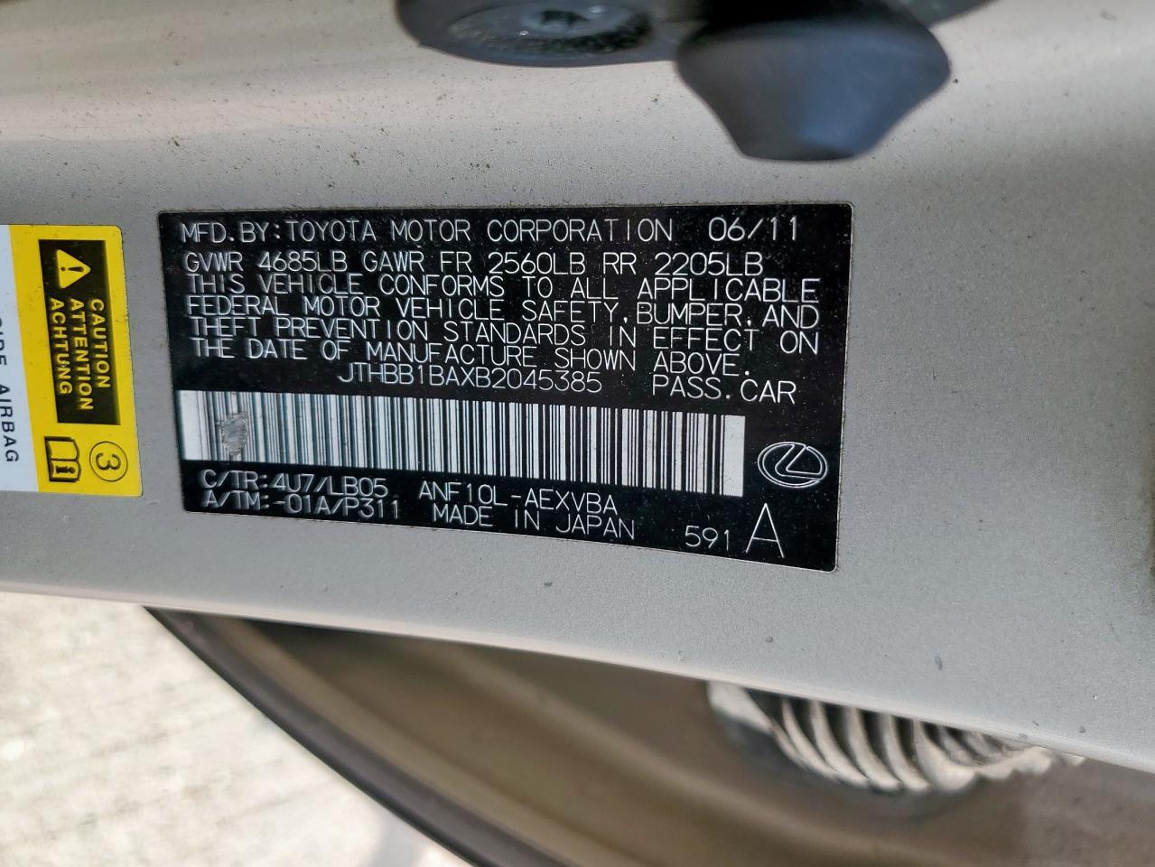 2011 Lexus Hs 250H VIN: JTHBB1BAXB2045385 Lot: 71026105