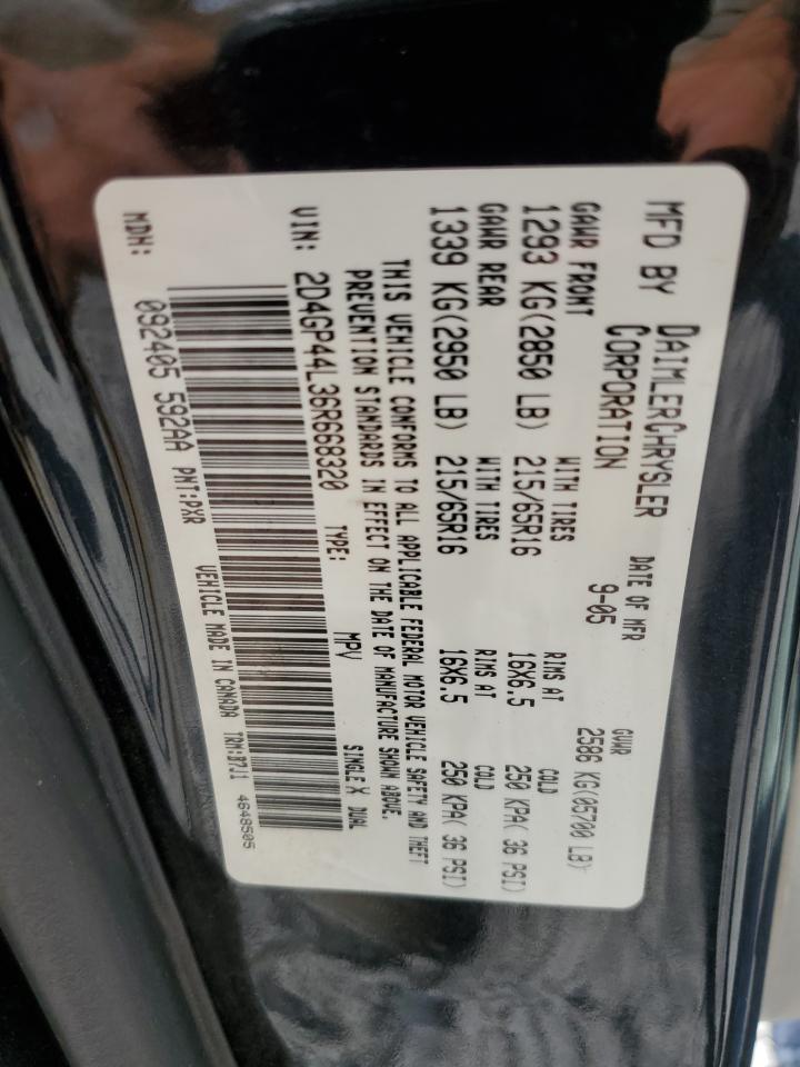 2006 Dodge Grand Caravan Sxt VIN: 2D4GP44L36R668320 Lot: 70568995