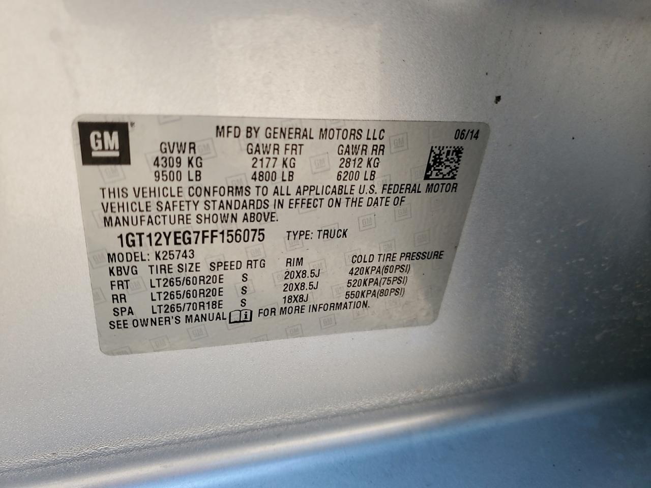 2015 GMC Sierra K2500 Sle VIN: 1GT12YEG7FF156075 Lot: 70214225