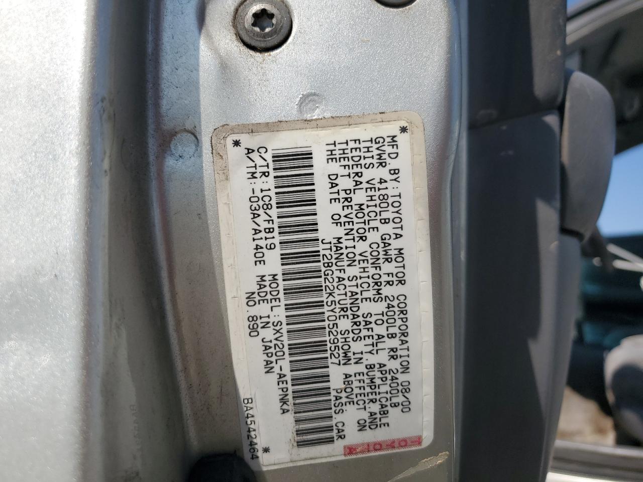 2000 Toyota Camry Ce VIN: JT2BG22K5Y0529527 Lot: 70292035