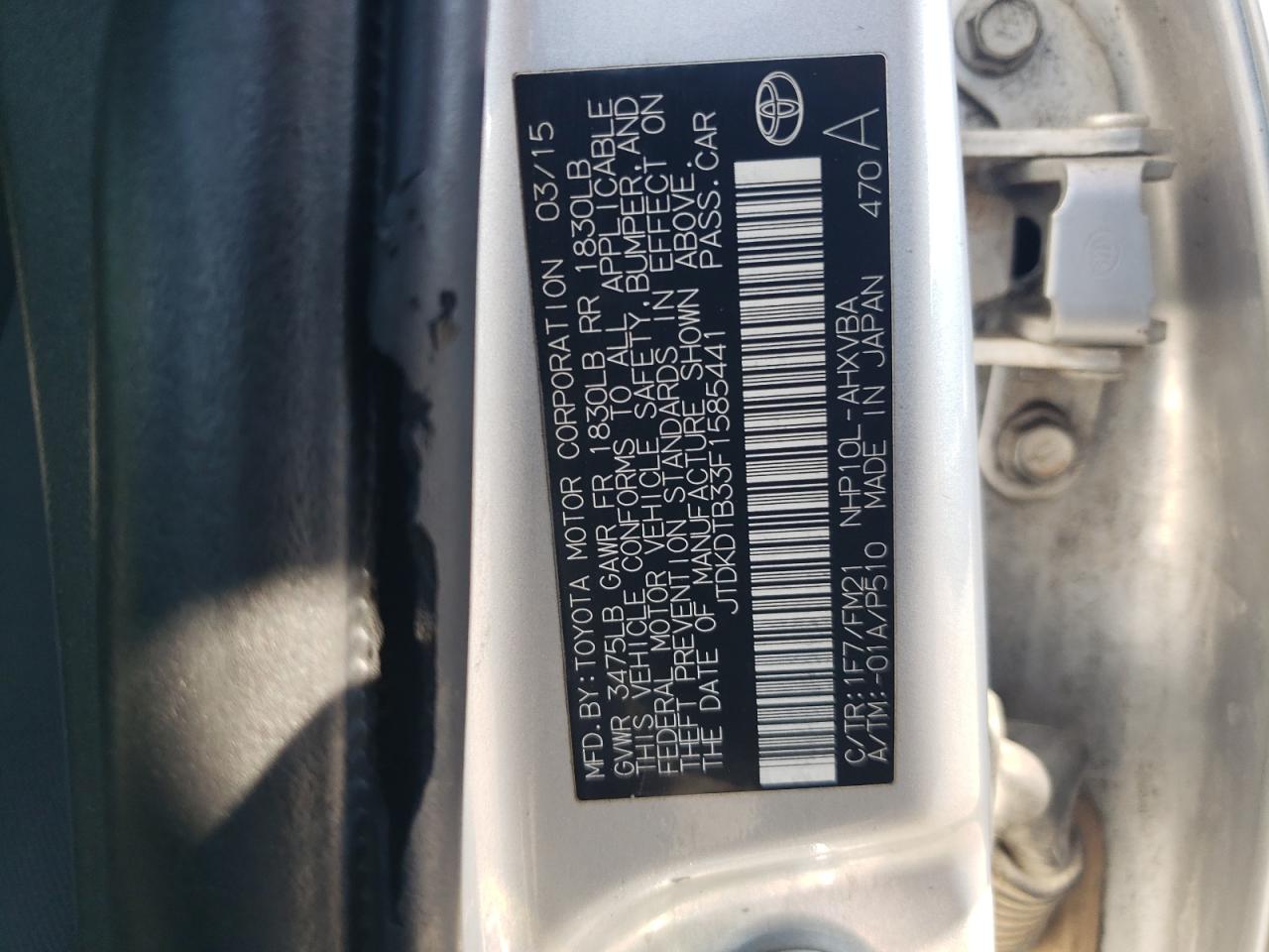 2015 Toyota Prius C VIN: JTDKDTB33F1585441 Lot: 71129825