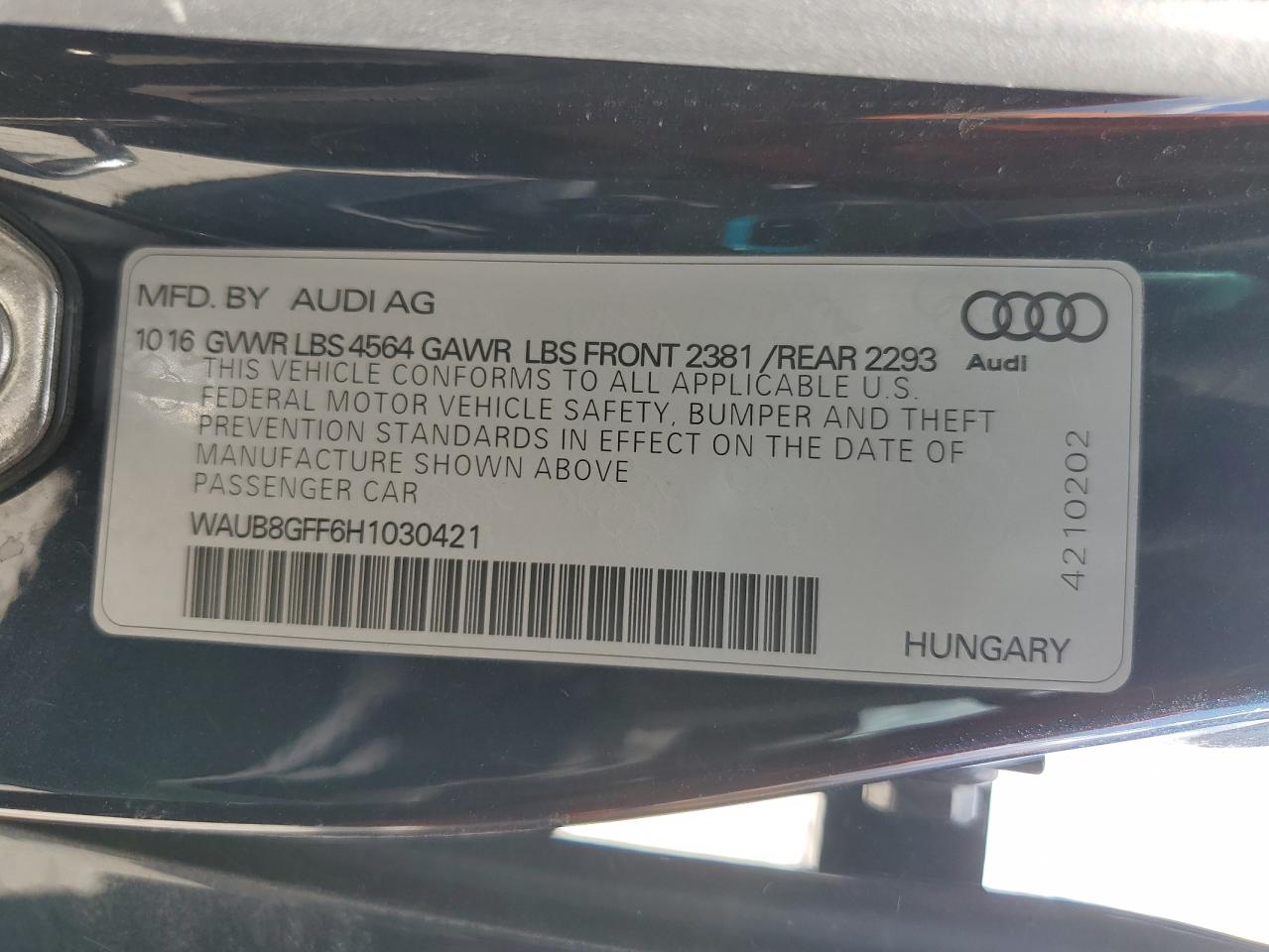 2017 Audi A3 Premium VIN: WAUB8GFF6H1030421 Lot: 70213425