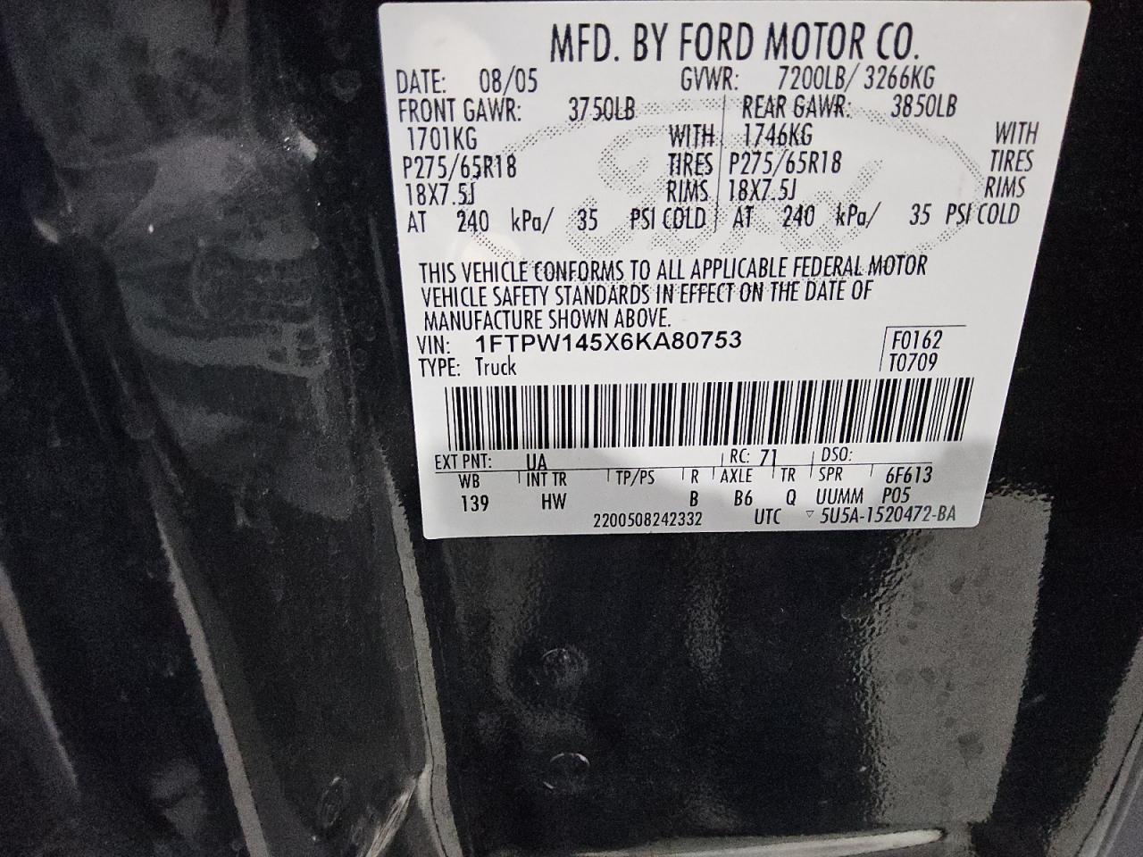 2006 Ford F150 Supercrew VIN: 1FTPW145X6KA80753 Lot: 68537745