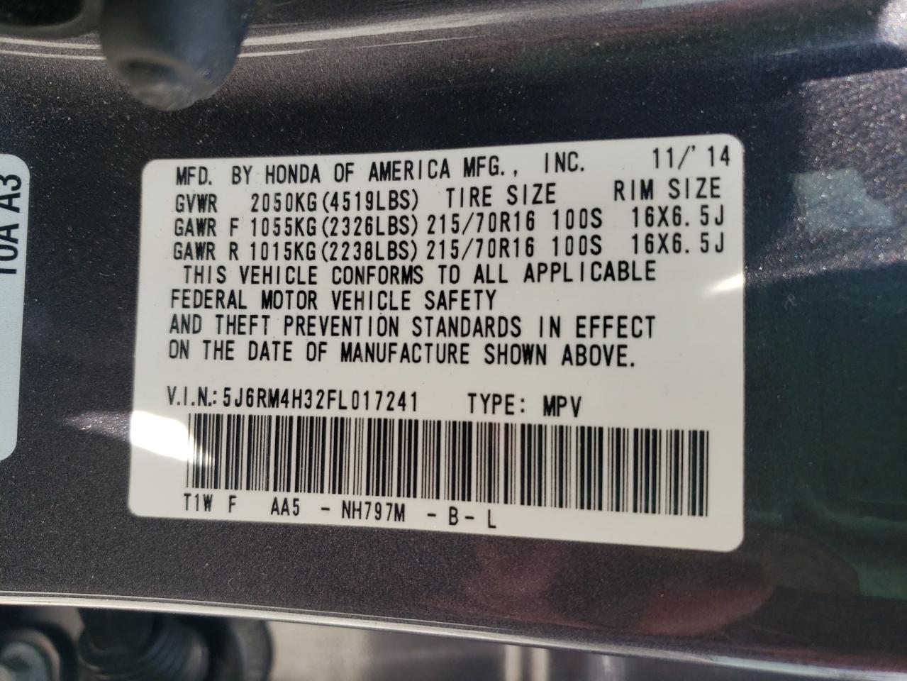 2015 Honda Cr-V Lx VIN: 5J6RM4H32FL017241 Lot: 67026695