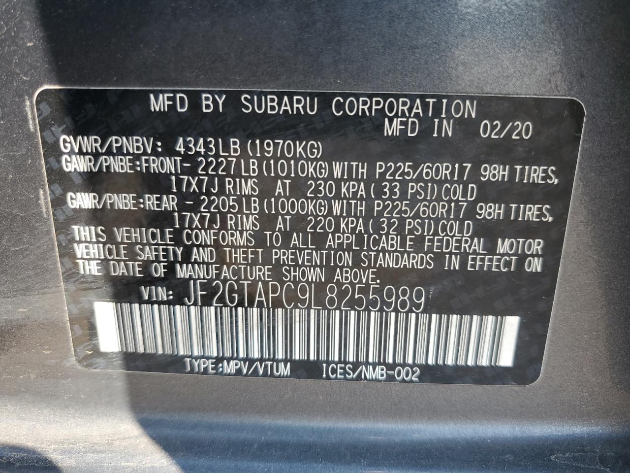 2020 Subaru Crosstrek Premium VIN: JF2GTAPC9L8255989 Lot: 68571395