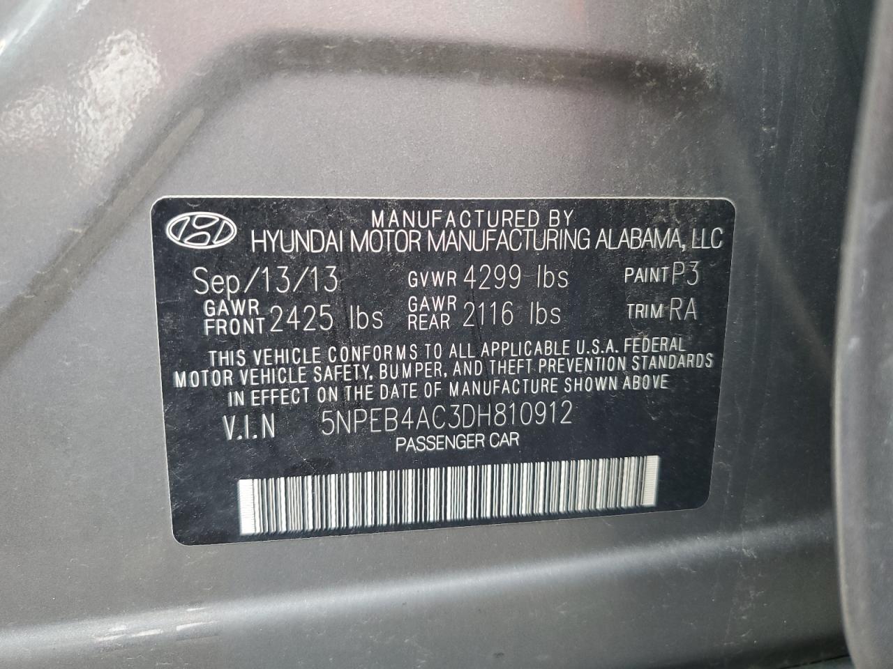 2013 Hyundai Sonata Gls VIN: 5NPEB4AC3DH810912 Lot: 67847745